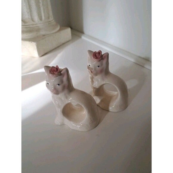 Vintage 1950s Cat Napkin Holder Rings Bone China  Set Of Two - Picture 1 of 6
